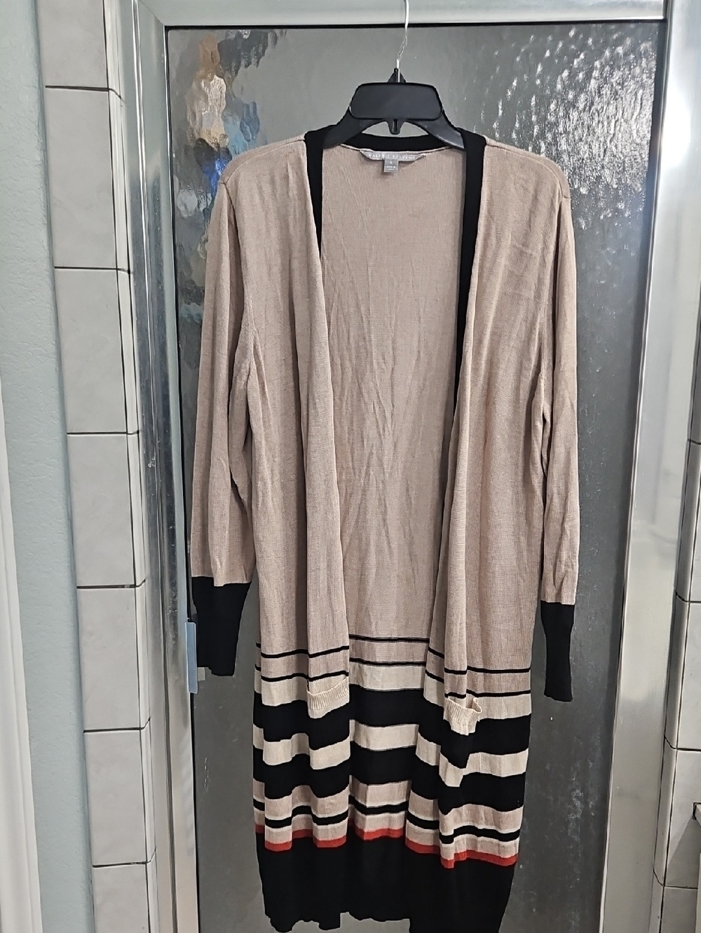 Valerie Stevens Taupe and Black Striped Open-Front Cardigan